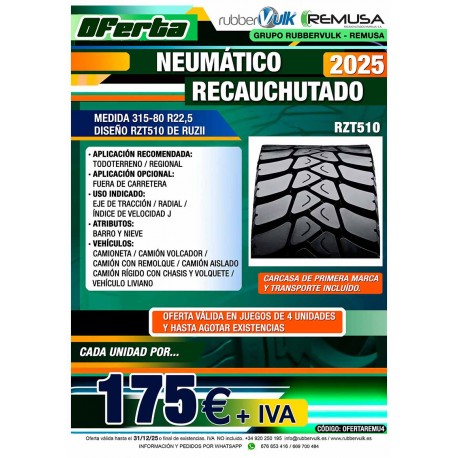 OFERTA NEUM. 315/80 R22.5 RZT510 REMUSA